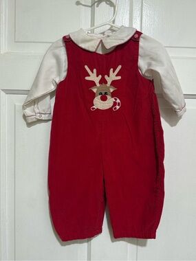9 Month Boys Christmas Reindeer Longalls One Piece Collar Overalls Appliqué Red